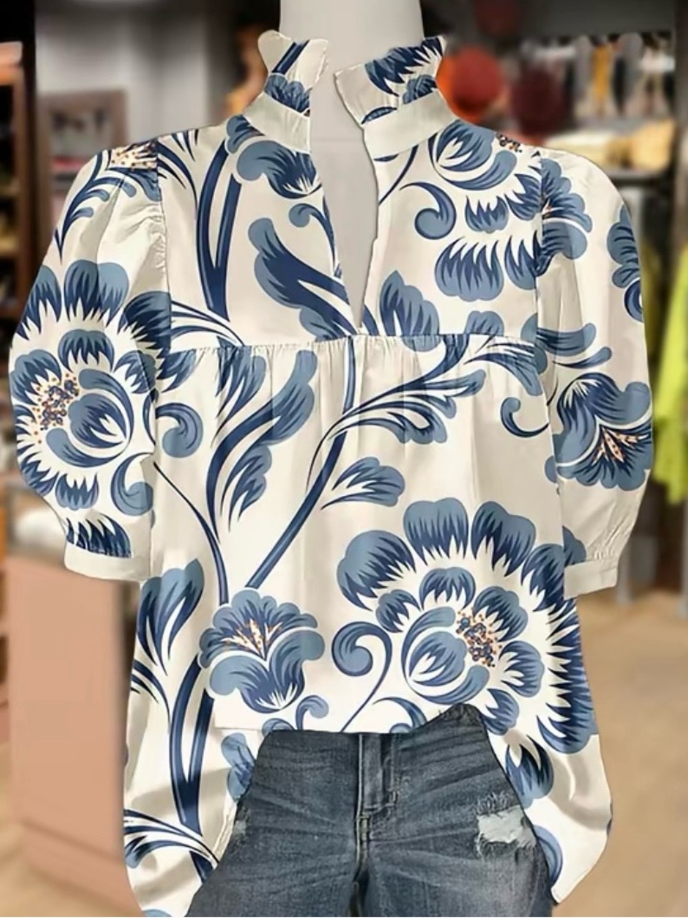 Blue Floral Mandarin-Collar Blouse - Women